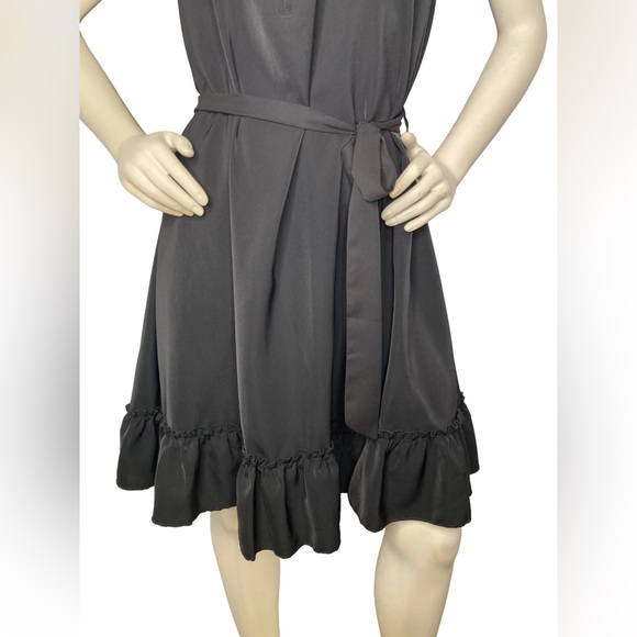 KIRUNDO Black Silk Satin Button Down Sleeveless Ruffle Halter Dress, XL - Picture 7 of 9